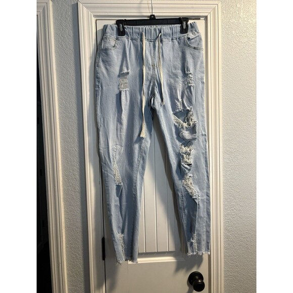 Light Wash Distressed Denim Jogger Jeans-Size Large-Drawstring Waist Streetwear - Picture 1 of 3